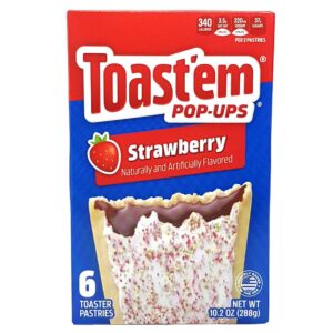 Die Toast'em Pop-Ups Strawberry bringen die köstliche Kombination aus fluffigem Toastbrot und einer Füllung mit fruchtiger Erdbeergeschmacksnote direkt zu Ihnen nach Hause. Diese praktischen Pop-Ups machen das Frühstück oder den Snack zwischendurch zu einem echten Genuss. Die weichen