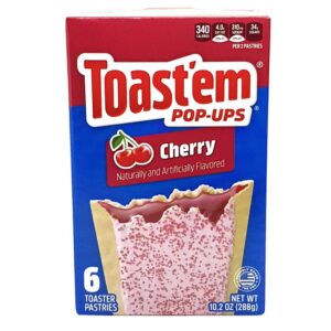 Die Toast'em Pop-Ups Cherry bieten einen unwiderstehlichen Genuss aus knusprigem Toastbrot und einer Füllung mit saftiger Kirschgeschmacksnote. Diese praktischen Pop-Ups sind ideal für ein schnelles und leckeres Frühstück oder als süßer Snack zwischendurch. Die aufgebackenen Teigtaschen sind bereits mit einer köstlichen Kirschfüllung gefüllt